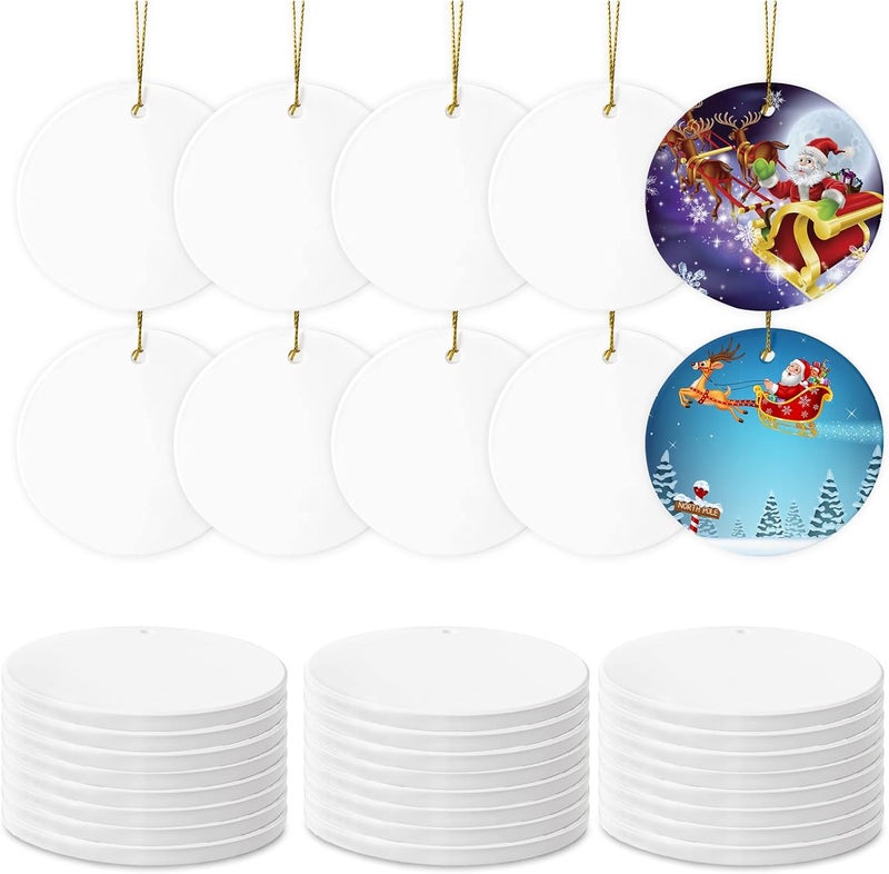 AMONE Sublimation Ceramic Ornament Blanks - 25PC Bulk White Round Porcelain Discs for Heat Press Printing - Personalized Xmas Tree Keepsake Crafts Gift - Image 1